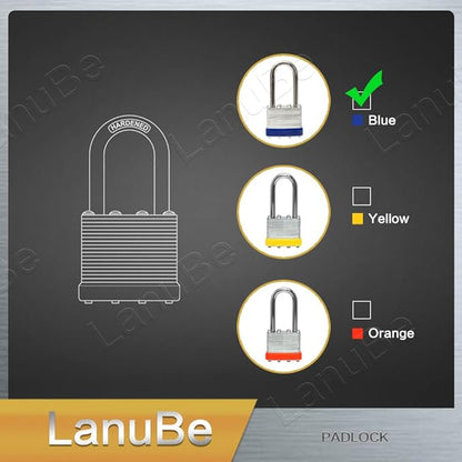 LanuBe Laminated Padlock 1-9/16 inch (40mm) Long Shackle 6 Pack Keyed Alike, Blue Plastic Hoop, Bulk Locks for Warehouse, School