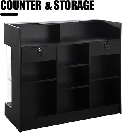 48" W x 22" D x 42" H - Retail Sales Counter with Adjustable Glass Shelves, Tempered Glass, Black Laminated Particle Board, Locking Drawers