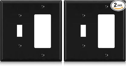 Combination Wall Plate ELEGRP 2-Gang 1-Toggle Light Switch 1-Decorator/GFCI Device Combination Wall Plates, Mid-Size 4.88" x 4.94" Unbreakable Thermoplastic Faceplate Cover, UL (2 Pack, Glossy Black)