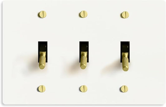 Select 15A 120V AC 3-Gang Toggle Switch, White with Solid Brass Vintage Style Single Pole 3 Way Compatible Wall Mount Toggle Switch, Included Faceplate & Switch Module, UL Listed