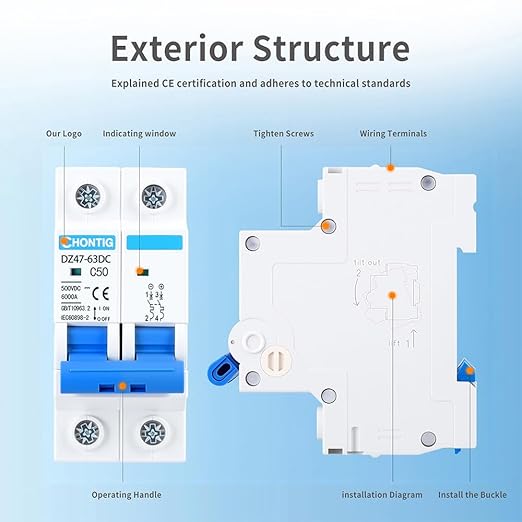 50 Amp Miniature DC Circuit Breaker 500V 2 Pole, Solar PV Disconnect Switch with Thermal Magnetic Trip, DIN Rail Mount Isolator C50