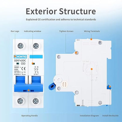 50 Amp Miniature DC Circuit Breaker 500V 2 Pole, Solar PV Disconnect Switch with Thermal Magnetic Trip, DIN Rail Mount Isolator C50