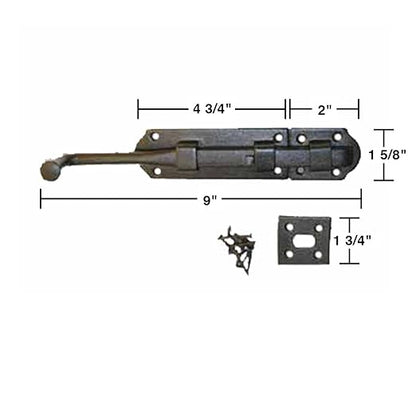 Renovators Supply Manufacturing Slide Bolt Latch 9 in. Black Iron Ball Tip Style Slide Bolt with Mounting Hardware