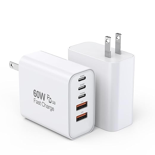 USB C Fast Charger Block, 2Pack 60W 5-Port Type C iPhone Charger Plug, Apple Fast Charging Block, 3 USB C+2 USB A PD & QC 3.0 Power Adapter Multi-port Cube Brick for iPhone 16/15/14/13/12/11/X/8, iPad