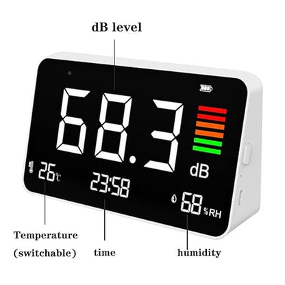 4-in-1 Decibel Meter Digital Sound Decibel Meter,Portable Sound Level Detector Rechargeable dB Noise Tester with A/C Frequency&DC Output, 3-Color Alarm, Real Time Measurement