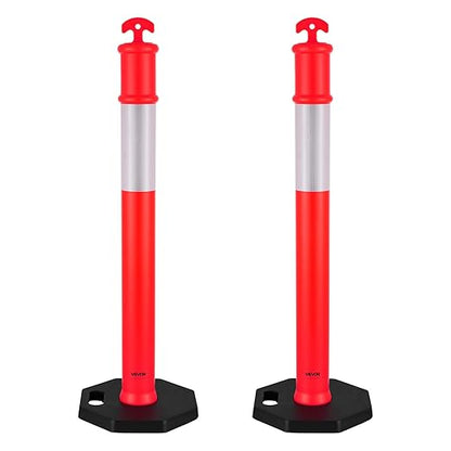 VEVOR 2 Pack Traffic Delineator Posts, 48 inches Traffic Safety Cones with Weighted Base and Reflective Strips, Heavy Duty Delineator Posts for Construction Site, Parking Lot, Crowd Control, Red