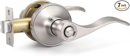 Knobonly 7 Pack Brushed Satin Nickel Door Lever Privacy Door Handles, Zinc Alloy Door Handle Interior, Keyless Lock for Bedroom or Bathroom