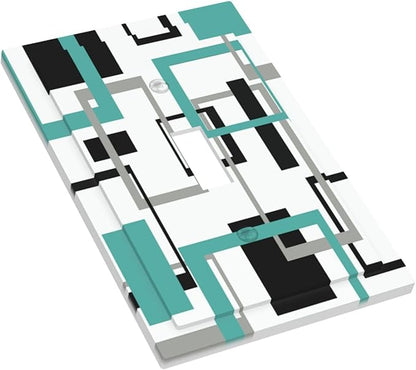 Geometric Turquoise Black Gray Modern Abstract Boho Decorative Light Switch Cover 1 Gang Single Toggle Device Electrical Faceplate Switchplates Decorator Outlet Wall Plate for Office Nursery Decor
