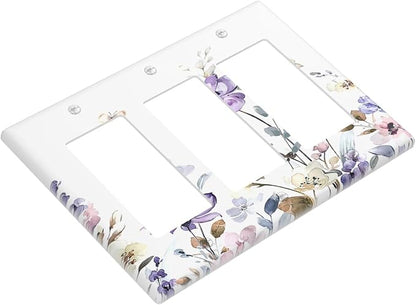 Light Switch Covers Purple Floral Lilac Watercolor Flower Leaves Butterfly Wildflower 3 Gang Rocker Electrical GFCI Decorative Triple Outlet Wall Plate Cover Switchplate for Bedroom Home