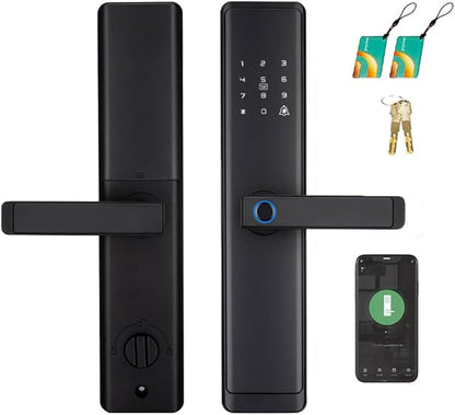 Fingerprint Door Lock with Handle - Tuya App Control & Mechanical Key Backup - 5-in-1 Keyless Entry Smart Lock - Fits 1.38-4.72inch Doors, Auto Lock & USB Emergency Power for Home, Office