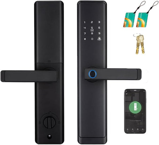 Fingerprint Door Lock with Handle - Tuya App Control & Mechanical Key Backup - 5-in-1 Keyless Entry Smart Lock - Fits 1.38-4.72inch Doors, Auto Lock & USB Emergency Power for Home, Office