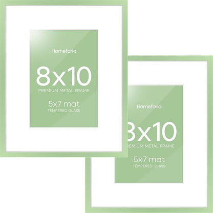 Homeforia 8x10 Picture Frame Sage Green, High End Metal 8 x 10 Poster Frames with Mat 5 by 7 Art, 10x8 Thin Frame Matted to 7x5 Photo, 8by10 Wall or Tabletop Frames, Tempered Glass, Wall Kit, Set of 2