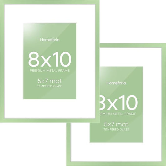 Homeforia 8x10 Picture Frame Sage Green, High End Metal 8 x 10 Poster Frames with Mat 5 by 7 Art, 10x8 Thin Frame Matted to 7x5 Photo, 8by10 Wall or Tabletop Frames, Tempered Glass, Wall Kit, Set of 2