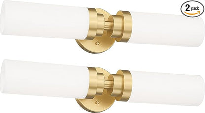 Emak 22 Inch Gold Bathroom Light Fixtures Over Mirror, 2 Light Bathroom Vanity Light with Milk Glass Shade, Modern Wall Sconce Set of Two for Bath, Hallway, VL085-GDL-ML-2-2PK