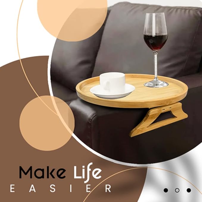 Clip On Tray Sofa Table, Bamboo Couch Arm Tray, Folding Sofa Armrest Tray Table for Drinks, Snacks, Phone & Remote – Portable Clip-On Side Table for Couch, Recliner & Armchair