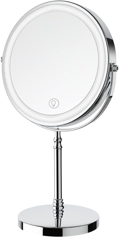 Lighted Makeup Mirror, 3000 mAh Rechargeable Double Sided Magnifying Vanity Mirror with 3 Colors, 1x/10x, 360° Rotation , Brightness Adjustable Magnification Cosmetic Light up Mirror, Women Gift