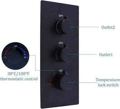 2 Function Shower Thermostatic Valve 3 Round Knob Valve Body Can Control Water Volume and Work at the Same Time Concealed Brass Bathroom Valve Replacement Rough-In Valves (Matte Black, 2-Way)