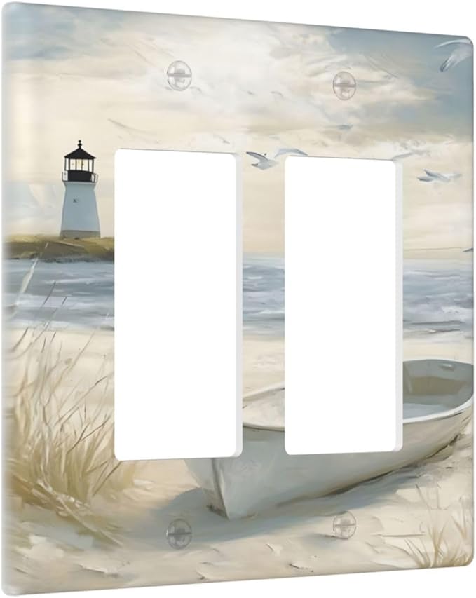 Decorative Outlet Covers Seascape Painting with Lighthouse Boats 2 Gang Wall Plate Double Rocker Light Switch Cover Double Switch Plate Cover for Bedroom Home Decor（2 Pack）
