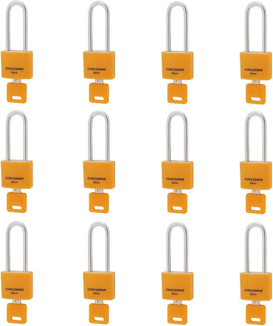 1-3/16 in. Small Aluminum Key Lock，Keyed Alike Padlocks with Long Shackle for School Gym Locker, Toolbox,12 Pack
