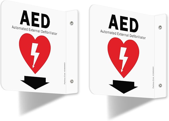 Faittoo AED Sign, AED Automated External Defibrillator with Down Arrow Sign, 6x6 Inches 90D Projection - Acrylic, 2 Pre-Drilled Holes, Includes Matching Screws, Use for Home Office/Business, 2 Pack