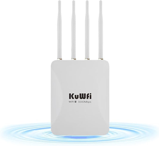 KuWFi AX3000 WiFi 6 Outdoor Access Point Repeater, Long Range Extender 100-300Meter Dual Band Gigabit, IP65 Waterproof, PoE Powered, Supports 256+ Devices for Business, Parties, Starlink