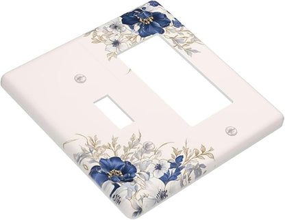 Decorative Outlet Covers Rustic Blue Beige Flower Peony Floral 2 Gang Light Switch Cover Plate Single Toggle 1 Rocker Wall Plates for Electrical Outlets Switch Plate Covers for Home Decor