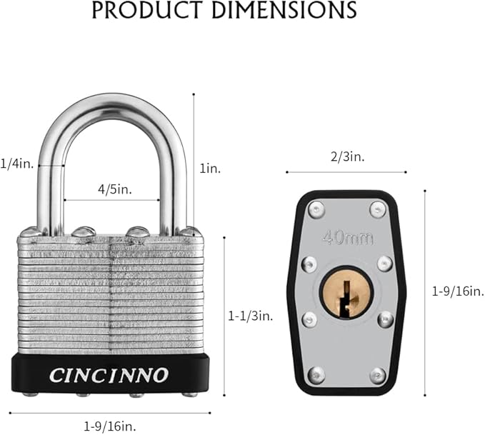 40mm Keyed Alike Nickel Plated Laminated Steel Padlock, 1-9/16" Wide Body 1-inch Shackle Padlocks with Keys Pack of 12