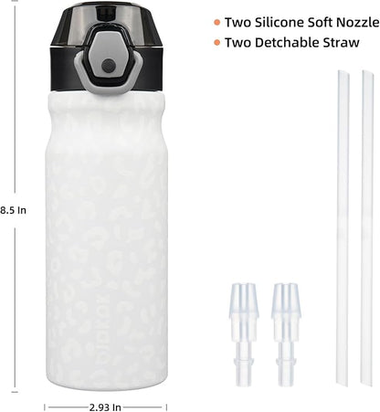 BJPKPK Water Bottle with Straw 18oz Insulated Water Bottles Reusable Stainless Steel Metal Thermal Flask with Leak Proof Lockable Lid and Carry Handle,Cream Leopard