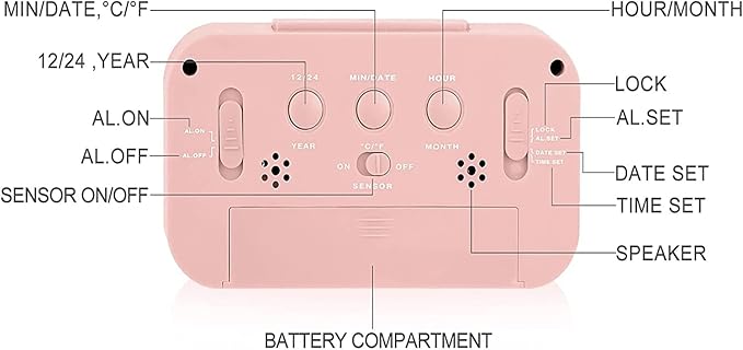 Digital Alarm Clock with LCD Display, Desk Smart Electronic Small Clock with Indoor Temperature, Date, Light Sensor, Backlight, Battery Operated, for Home Bedroom Kids Office (Pink)
