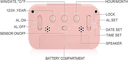 Digital Alarm Clock with LCD Display, Desk Smart Electronic Small Clock with Indoor Temperature, Date, Light Sensor, Backlight, Battery Operated, for Home Bedroom Kids Office (Pink)