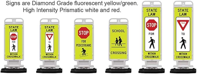 Plasticade Crosscade Crosswalk Sign, 36" Vertical Panel with 12x36 State Law Stop For Pedestrians Sign, Impact-Resistant Rubber Base, Diamond Grade Reflective Background and HIP Sheeting