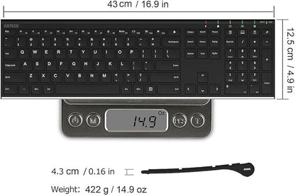 Arteck 2.4G Wireless Keyboard Stainless Steel Ultra Slim Full Size Keyboard with Numeric Keypad for Computer/Desktop/PC/Laptop/Surface/Smart TV and Windows 10/8/ 7 Built in Rechargeable Battery
