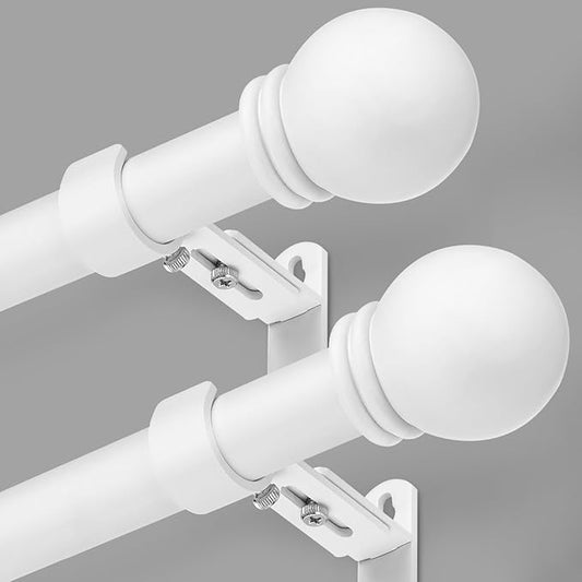 Curtain Rods for Windows 16 to 120 Inches, Curtain Rod Max Adjustable Length of 132 IN, 1" Diameter Drapery Rods Round Finials, White, Pack of 2