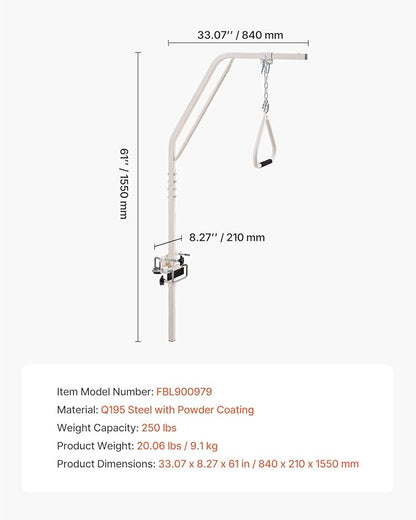 VEVOR Trapeze Bar for Bed Mobility, Medical Bed Trapeze with Clamps & Metal Chain, 250LBS Weight Capacity Beds Pull Up Assist for Elderly & Disabled, Ideal for Home Care, Hospitals, Nursing Homes