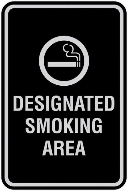 Signs ByLITA Portrait Round Designated Smoking Area Sign with Adhesive Tape, Mounts On Any Surface, Weather Resistant, Indoor/Outdoor Use (Black/Silver) - Medium 2 Pack