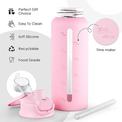SANDJEST Glass Water Bottle with Silicone Sleeve 24oz with Lid, Motivational Time Marker, Drinking Hydration Glass Bottles for Men Women, Gym Travel Sports (Pink)