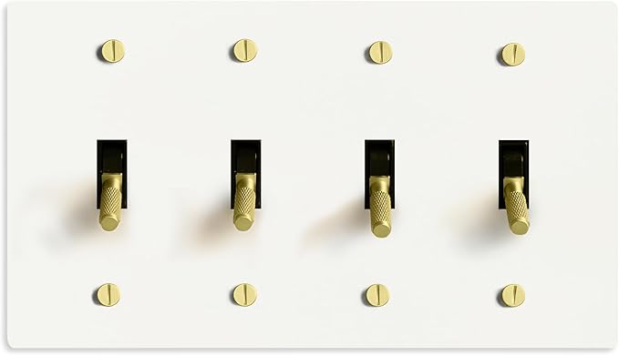 Select 15A 120V AC 4-Gang Toggle Switch, White with Solid Brass Vintage Style Single Pole 3 Way Compatible Wall Mount Toggle Switch, Included Faceplate & Switch Module, UL Listed