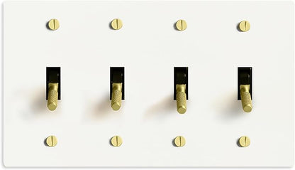 Select 15A 120V AC 4-Gang Toggle Switch, White with Solid Brass Vintage Style Single Pole 3 Way Compatible Wall Mount Toggle Switch, Included Faceplate & Switch Module, UL Listed
