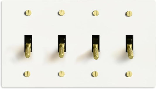 Select 15A 120V AC 4-Gang Toggle Switch, White with Solid Brass Vintage Style Single Pole 3 Way Compatible Wall Mount Toggle Switch, Included Faceplate & Switch Module, UL Listed