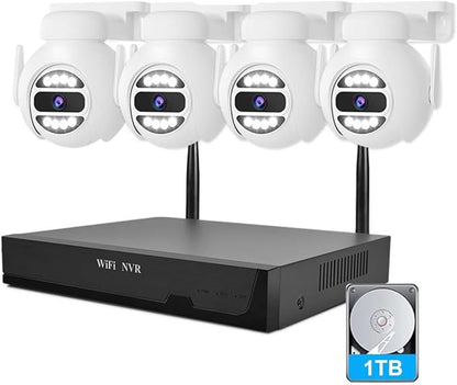 [Auto Tracking Alert 360° PTZ & 2-Way Audio] 8CH Plug&Play Wireless Cameras for Home Security, 4x1920P 5MP IP67 IR&Full Color Night Vison AI Motion Detection, 1TB HDD 24/7 Recording Remote Control