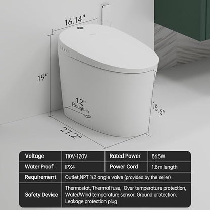EPLO Smart Toilet,One Piece Bidet for Bathrooms,Modern Elongated Toilet with Warm Water,Dual Auto Flush,Foot Sensor Operation,Heated Bidet Seat,Electric Tankless Toilets with LED Display E16