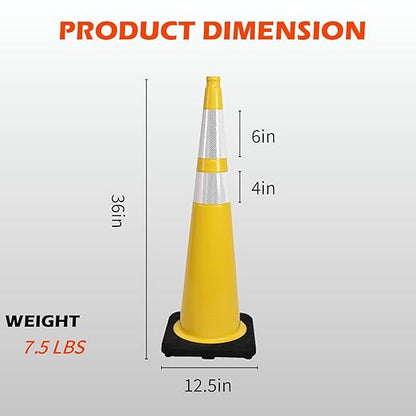 6 Pack 36 Inch Yellow Heavy Duty Traffic Cones Black Base Stable, Professional Use for Highway Safety, Parking Management, Work Zones (6, Yellow, 36 Inch)