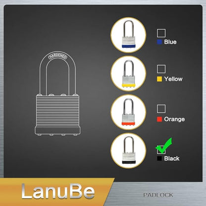 LanuBe Lock Laminated keyed Padlock (1-9/16", 40mm), keyed Alike Locks, Long Shackle,Marked Black Plastic Hoop, Pack of 24