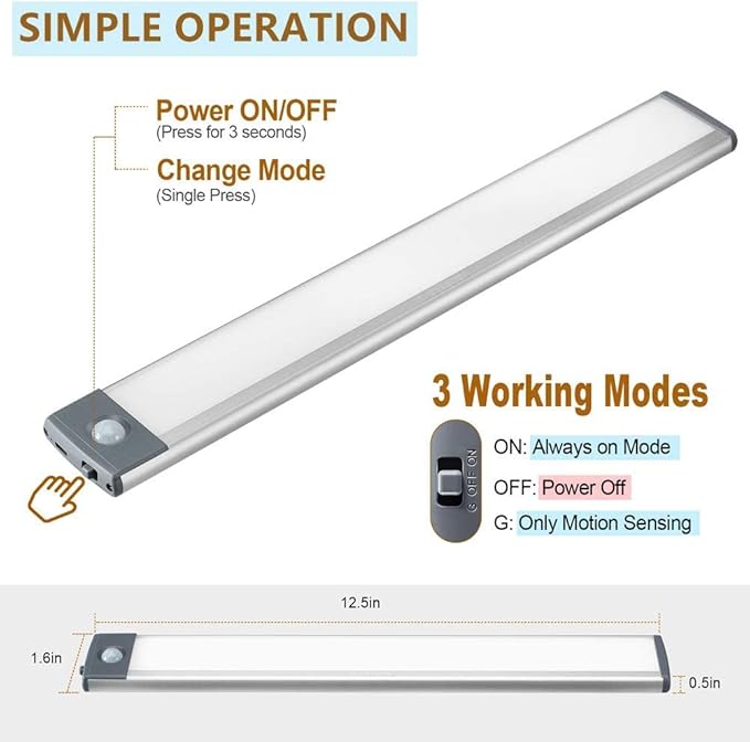 2 Pack 54LED Under Cabinet Lights, 12.5 Inch Wireless Motion Sensor Light with 2200mAh USB-C Rechargeable Battery, Magnetic Mount for Kitchen, Closet & Stairs