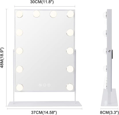 VANITII Lighted Vanity Hollywood Mirror with 12 Dimmable Bulbs Smart Touch Control 3 Colors Light for Tabletop, Detachable 10X Magnification