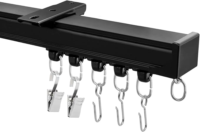Ceiling Mount Curtains Track Room Divider Privacy Partition Separator Curtain Tracks Rods Heavy Duty RV Shower Outdoor Rail Clip Hook Set, Black 3-21ft