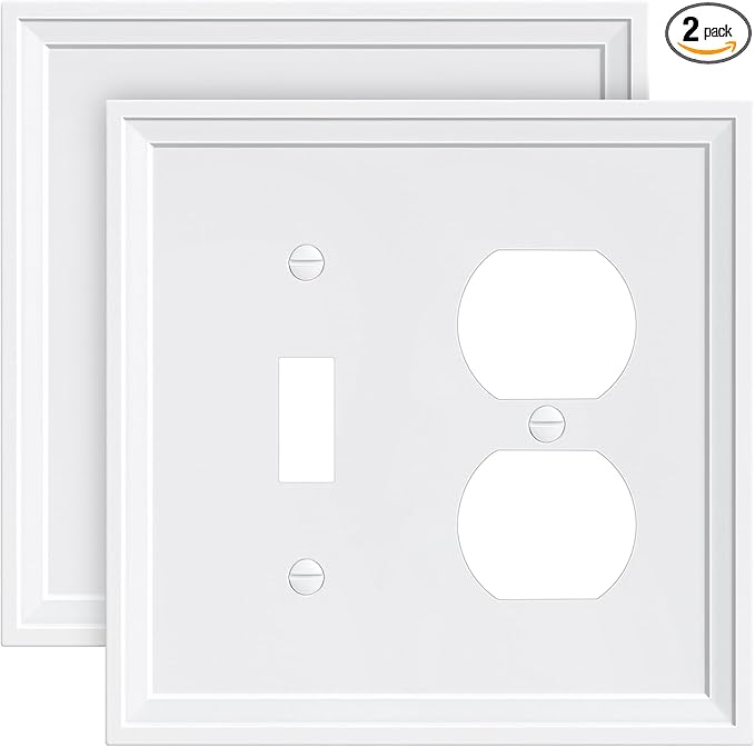 2-Pack Combo Toggle/Duplex Light Switch Cover Plate, Pure White Wall Outlet Cover Plate, Natural Bamboo Fiber Decorative Wall Receptacle Cover for Electrical Outlets, Light Switch