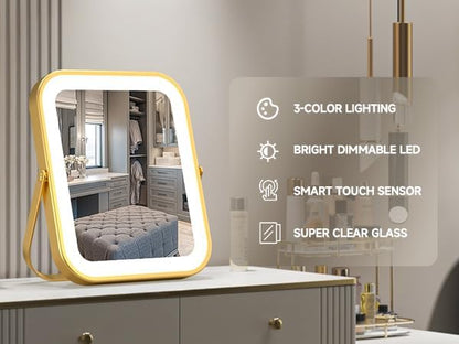 PRIMETEK Vanity Mirror with Lights, 10"x8" LED Lighted Makeup Mirror, Portable Makeup Mirror with Lights, Touch Screen, 3-Color Lighting, 5X Magnification, for Vanity Desk Tabletop, Bedroom,