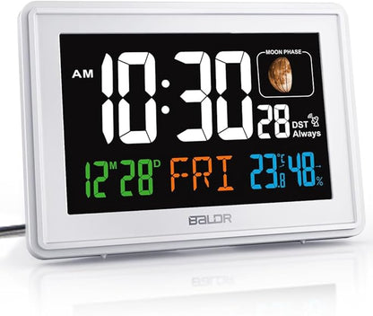 Baldr Atomic Clocks for Bedrooms Digital Large Display - White - Desk Clock with Temperature Indoor and Humidity, Night Stand Clock, Moon Phase Clock, Alarm Clocks for Living Room, Digital Clock Wall