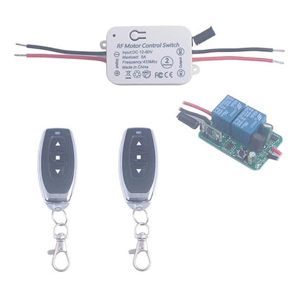 12V 24V 36V 48V DC Motor Remote Control Switch, 12V-80V 5A Wireless Relay Switches Receiver Controller with 2 Transmitters, Remote Controls Motor Move Forward and Reverse (DC 12V-80V/2* Controller)